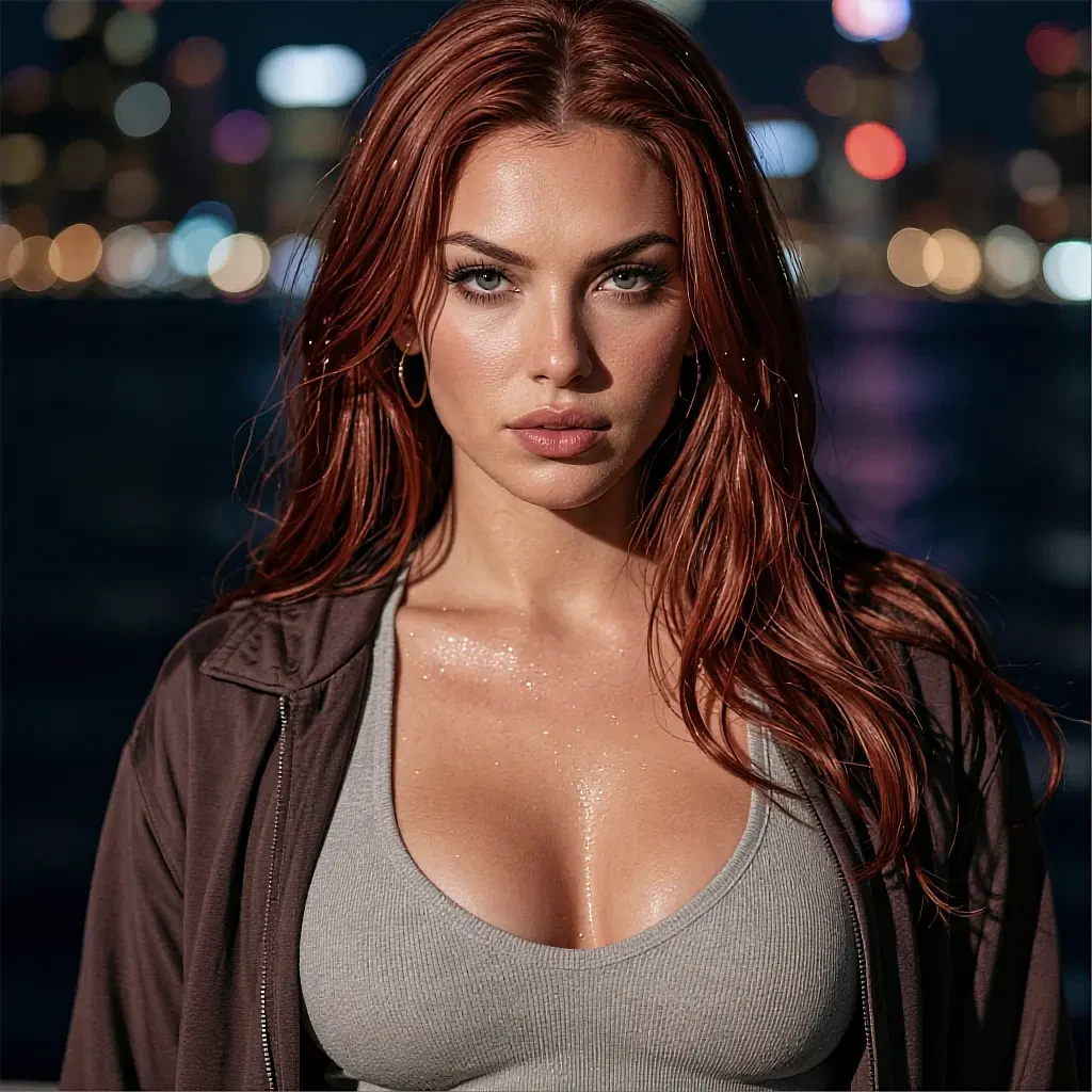 Red-haired woman in a gray tank top and dark brown hoodie against blurred city lights at night