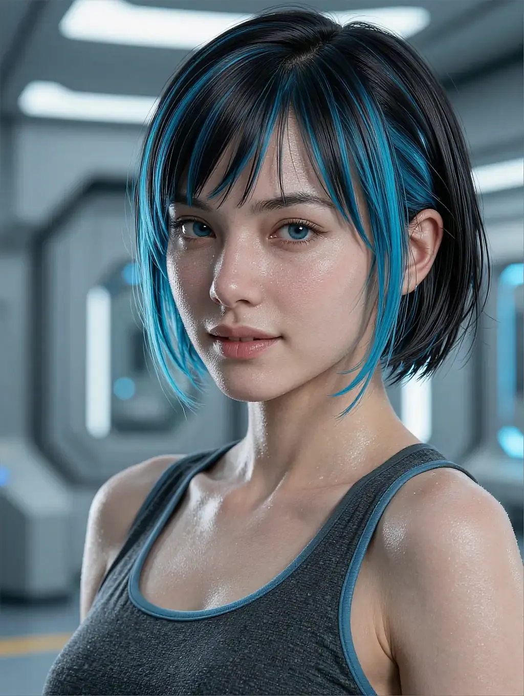 Woman with a short black bob streaked with cyan highlights and blue eyes in a gray tank top, sci-fi corridor behind her
