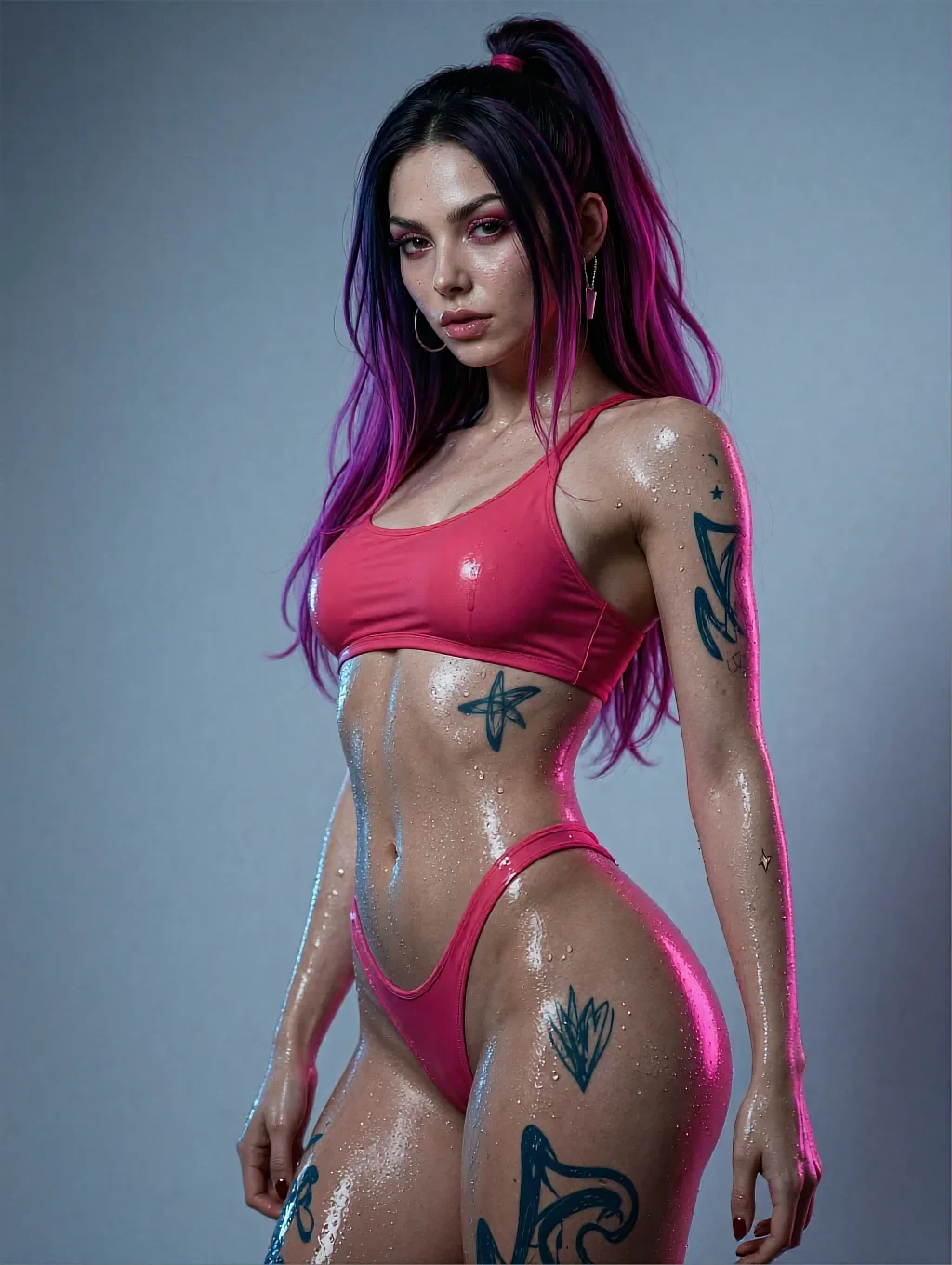 Woman with a dark-to-magenta ponytail and teal tattoos in a hot-pink crop top and bikini bottom, gray studio backdrop