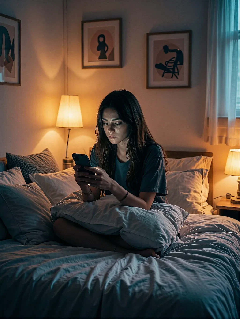 Dark-haired woman in a gray t-shirt sitting cross-legged on a bed looking at her phone, cozy lamplight and art on the wall
