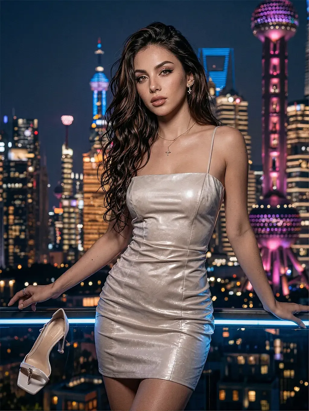Brunette with long wavy hair in a silver metallic mini dress on a rooftop at night, illuminated skyline towers behind her